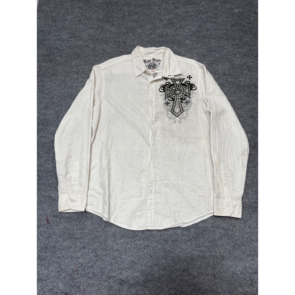 Raw State Mens XXL Gothic Cross Graphic Button Down Shirt Off‎ White Y2K Cotton